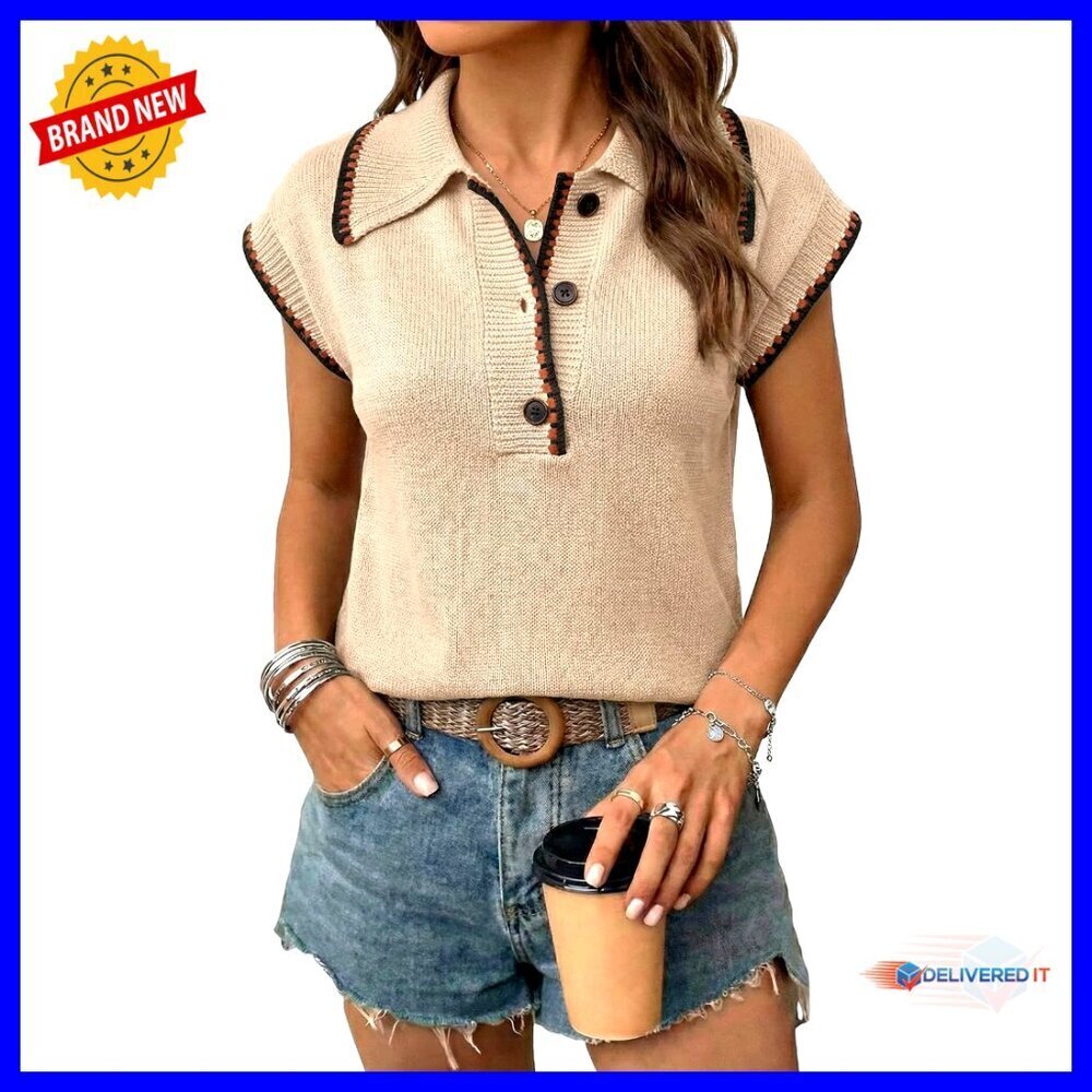 Short Sleeve Sweater Vest Ribbed Knit Button Collar Oversized Chic Pullover